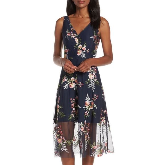 vince camuto embroidered mesh sheath dress